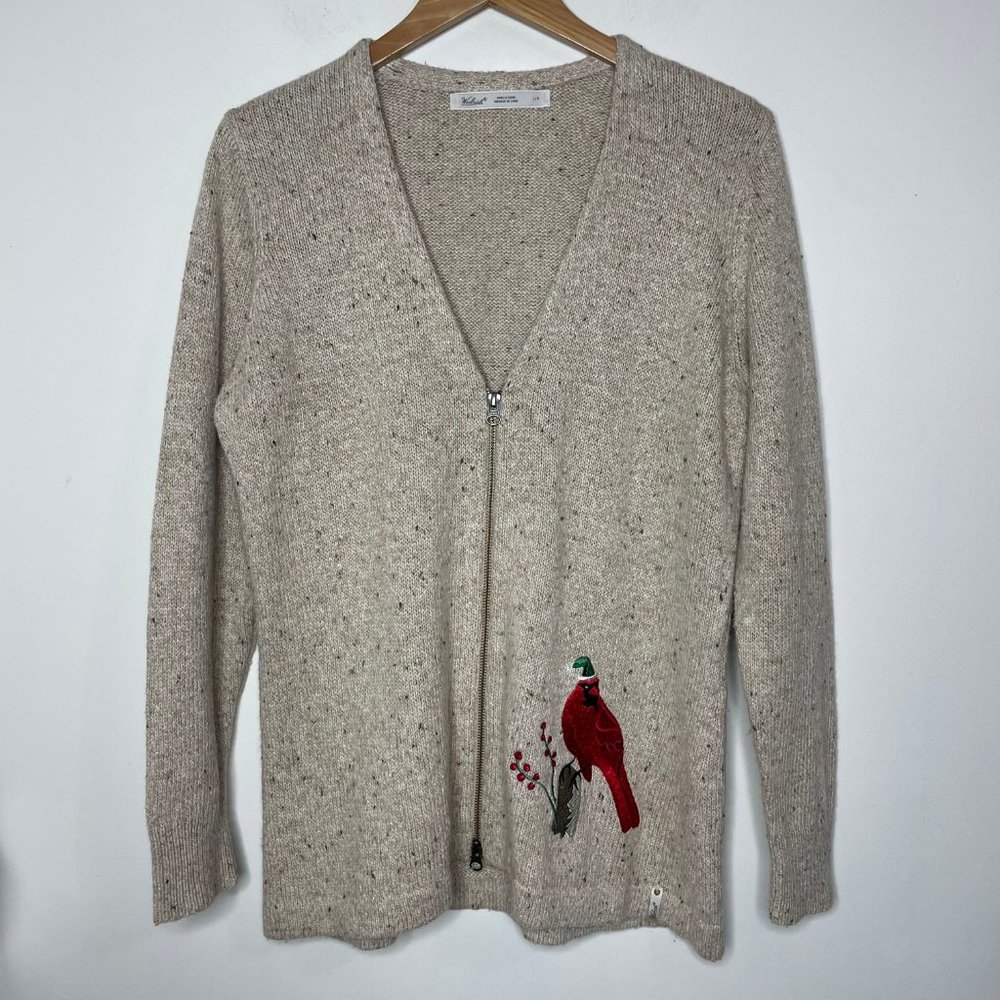 Woolrich Embroidery Cardinal Zip Wool Blend Holiday Cardigan Sweater Oatmeal L - Picture 6 of 14
